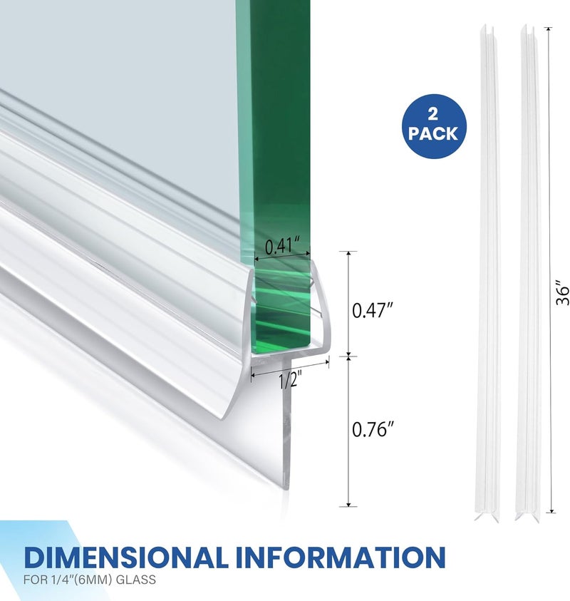 PHMUNY 2 Pack Frameless Shower Door Bottom Seal with Long Sweep, Ultra Clear Glass Door Silicone Seal Strip (1/2'' X 36'') Suitable for 12mm Glass -Stop Shower Leaks Frameless Shower Door Seal Strip - Image 2